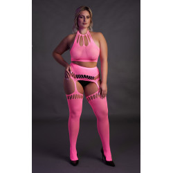 Ouch! Glow Ensemble Bustier Dos nu et Porte-Jarretelles 2 Pièces Rose Fluo